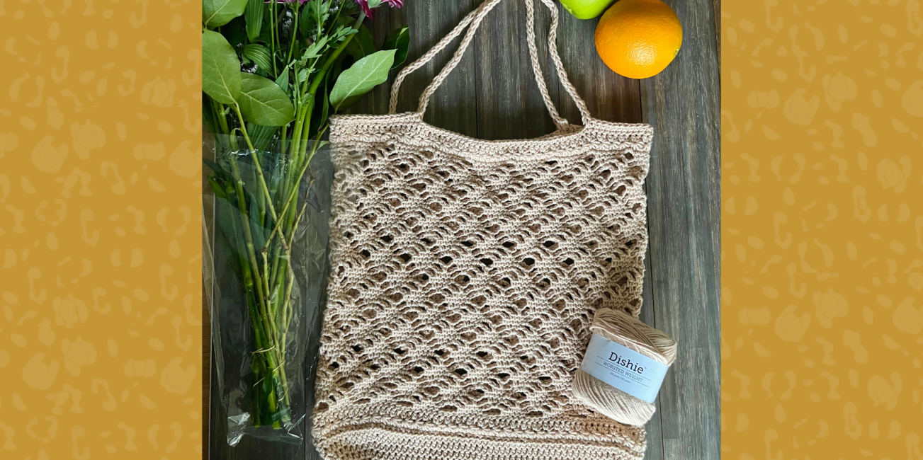 overhead view of lacy crochet market bag