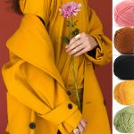 model in yellow trench holding flower paired with matching yarn