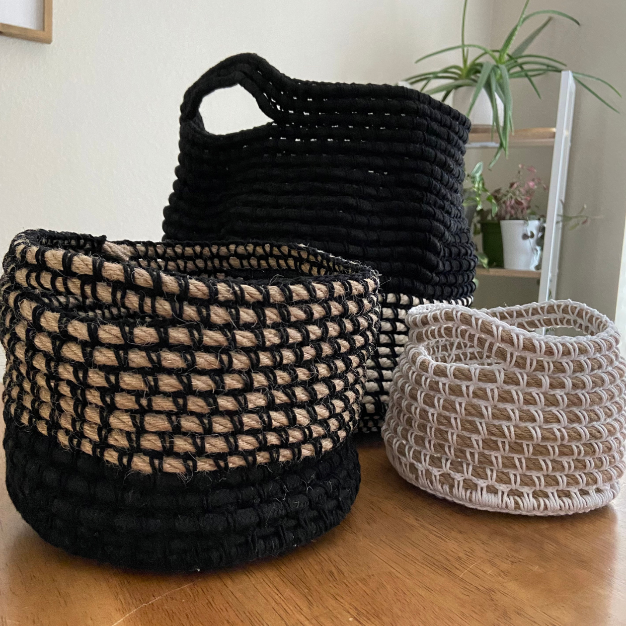 set of 3 black and white crochet rope baskets in ascending sizes
