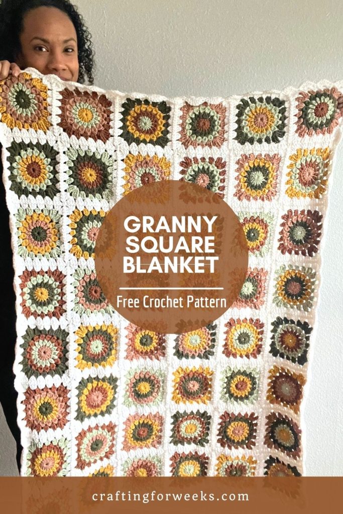 model holding a multi-colored granny square blanket with text "Granny Square Blanket" on top